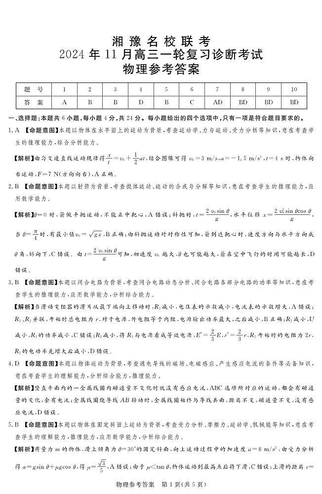 2024.11湘豫联考高三物理参考答案及评分细则补充(最新)第1页