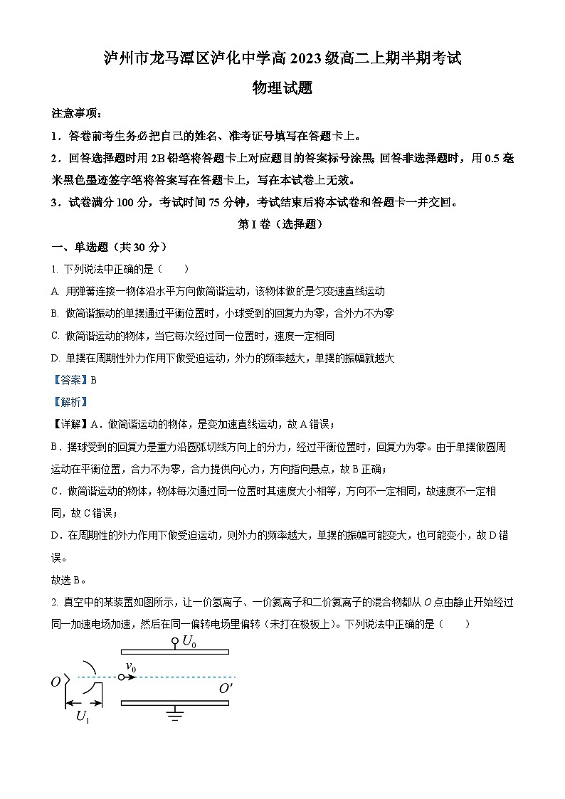 四川省泸州市龙马潭区泸化中学2024-2025学年高二上学期11月期中考试物理试题 Word版含解析第1页