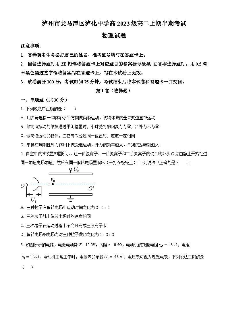 四川省泸州市龙马潭区泸化中学2024-2025学年高二上学期11月期中考试物理试题 Word版无答案第1页