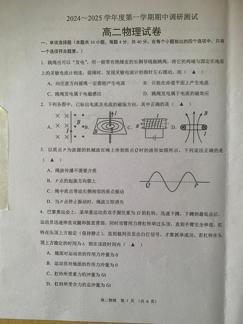 江苏省宿迁市沭阳县2024-2025学年高二上学期11月期中物理试题第1页