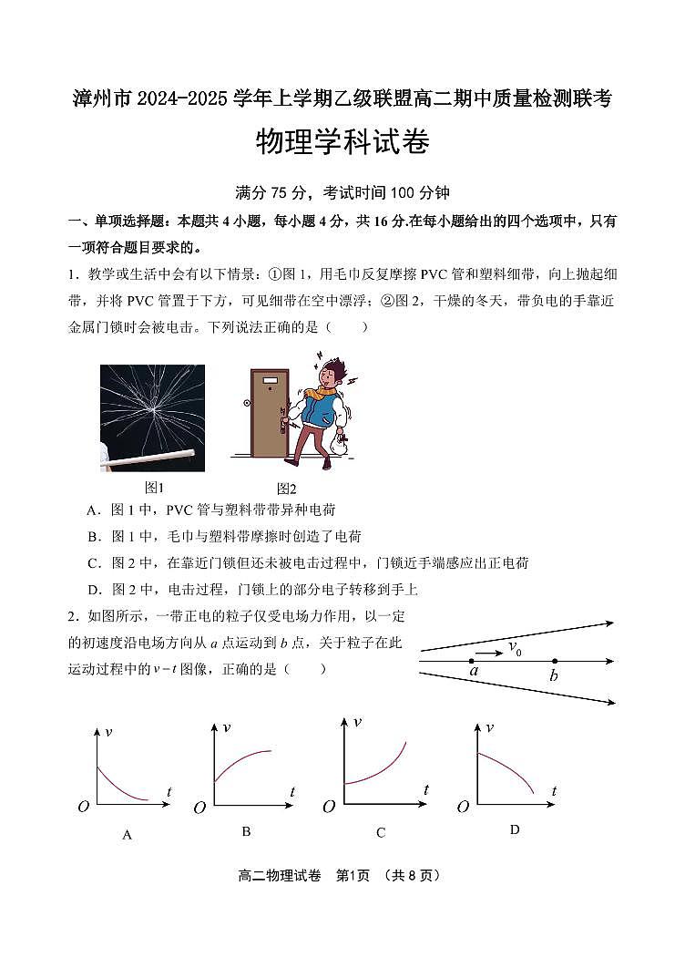 福建省漳州市乙级校联盟2024-2025学年高二上学期期中考试物理试题第1页