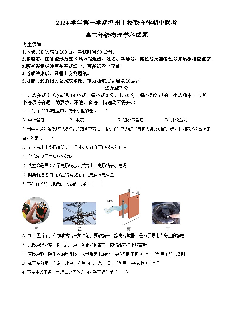 浙江省温州市十校联合体2024-2025学年高二上学期11月期中联考物理试题（原卷版）-A4第1页