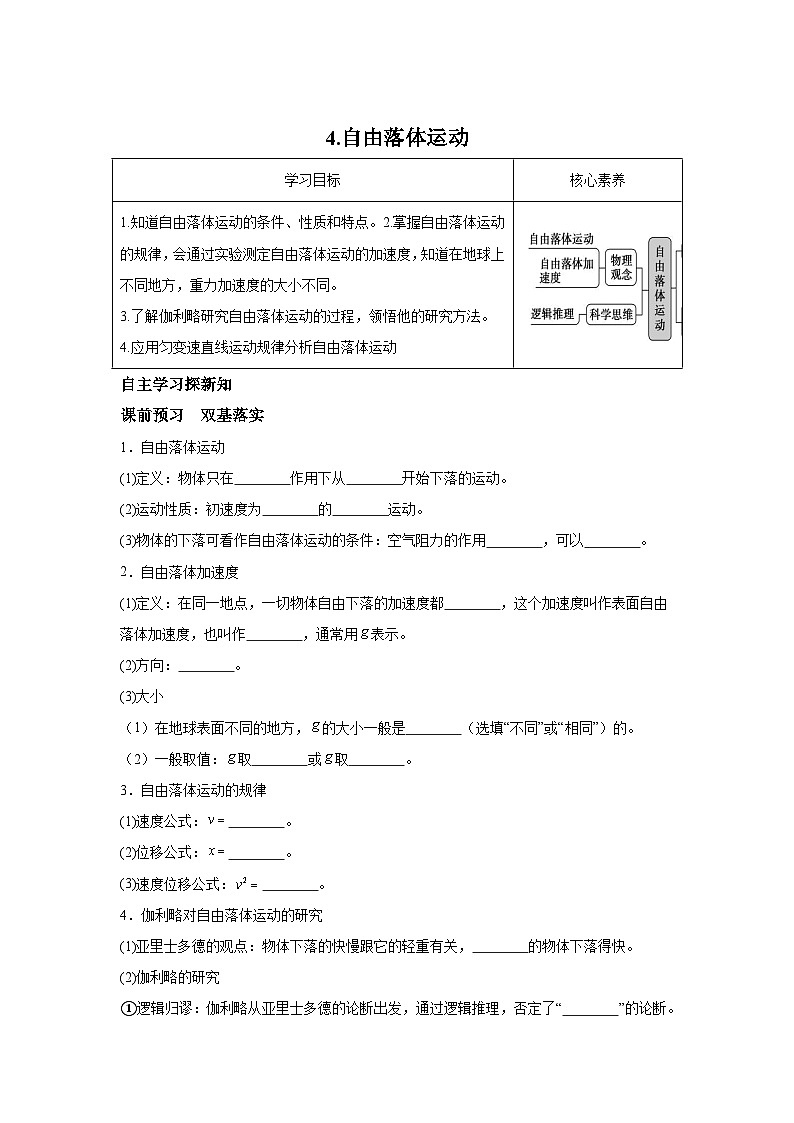 4.自由落体运动-2024-2025学年高中物理必修第一册同步练习与测试（人教版2019）第1页