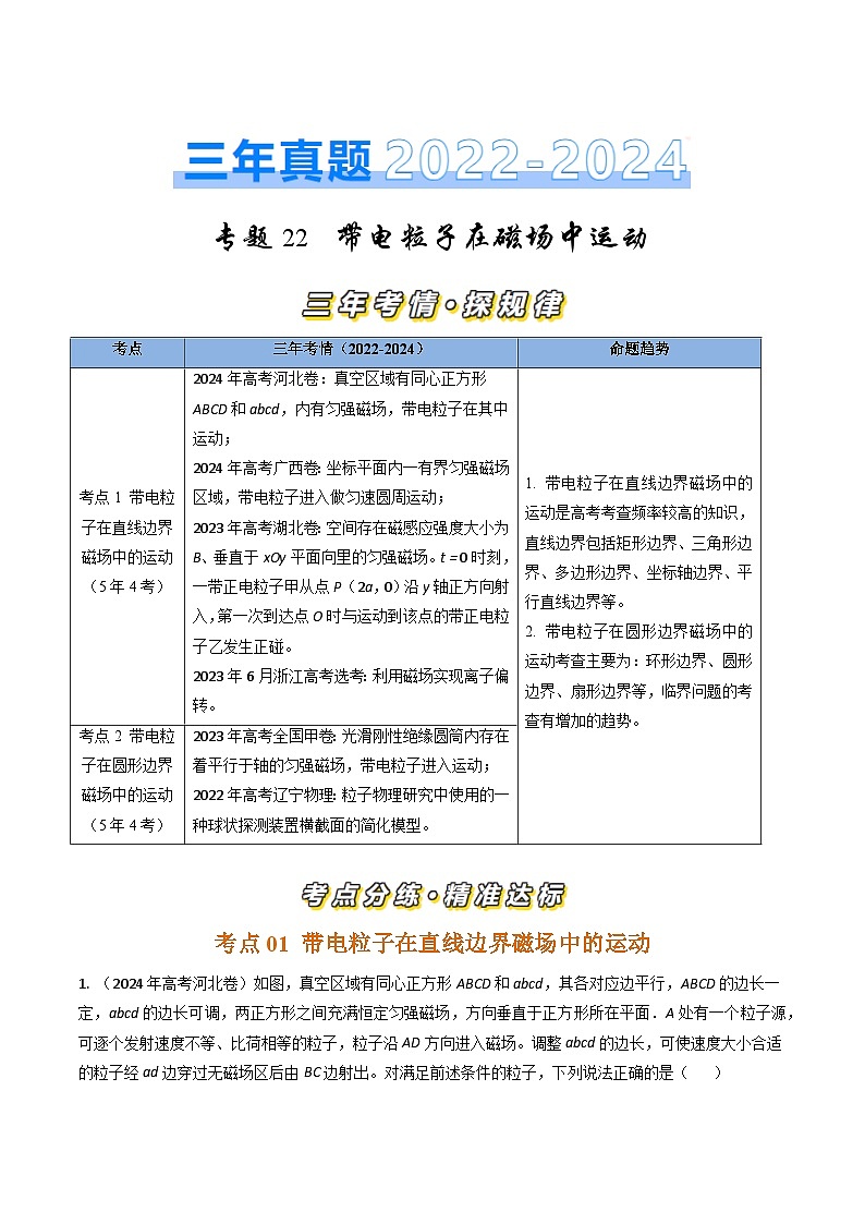 三年高考真题（2022-2024）分类汇编 物理 专题22带电粒子在磁场中运动  含解析第1页