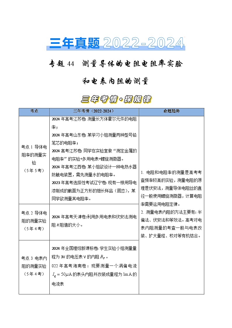三年高考真题（2022-2024）分类汇编 物理 专题44测量导体电阻电阻率实验和电表内阻的测量 含解析第1页
