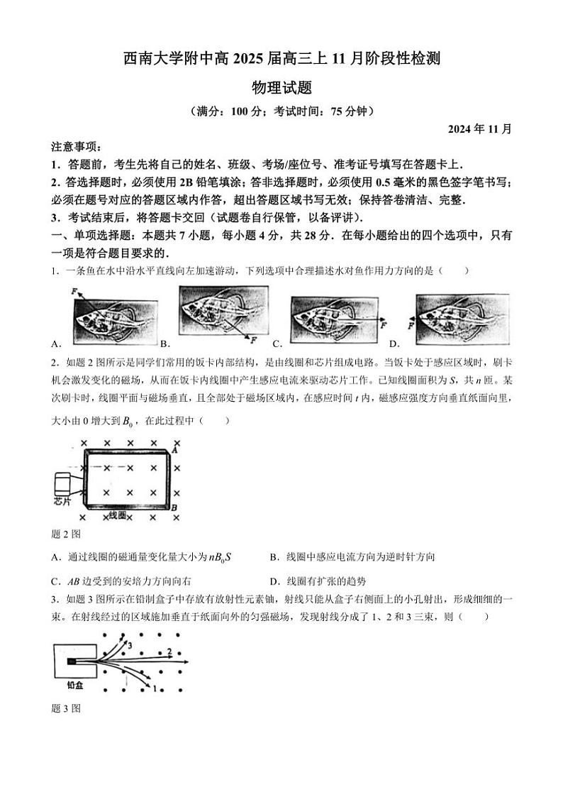 2024～2025学年重庆市西南大学附属中学高三(上)11月阶段性考试物理试卷(缺答案)第1页