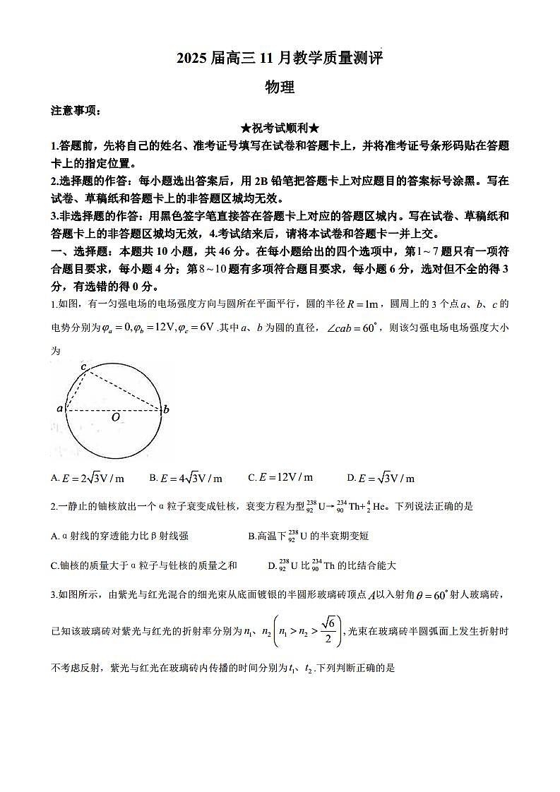 2025届湖北华大新高考联盟高三上学期11月教学质量测评物理试题(无答案)第1页
