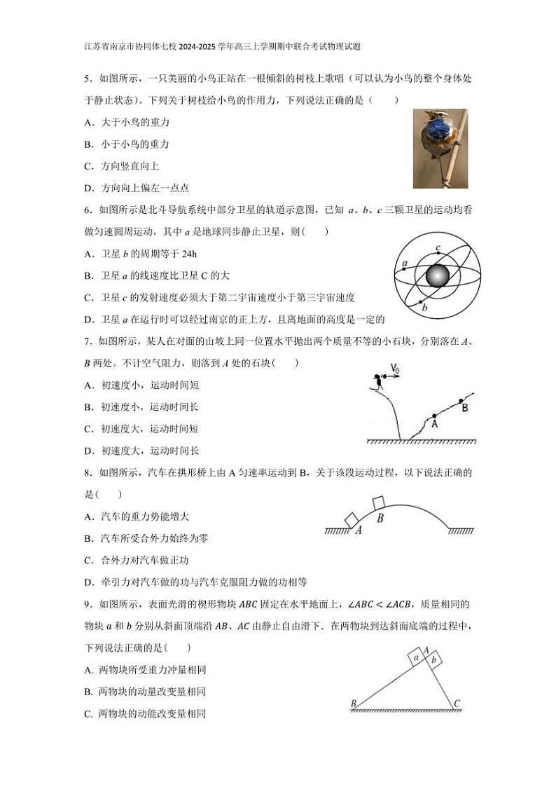 江苏省南京市协同体七校2024～2025学年高三(上)期中联合考试物理试卷(含答案)第2页