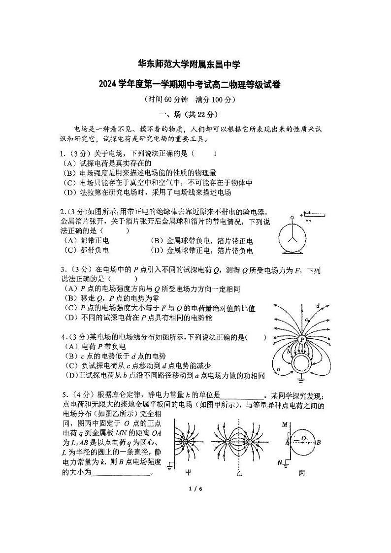 上海市华东师范大学附属东昌中学2024-2025学年高二上学期期中考试物理等级试卷第1页