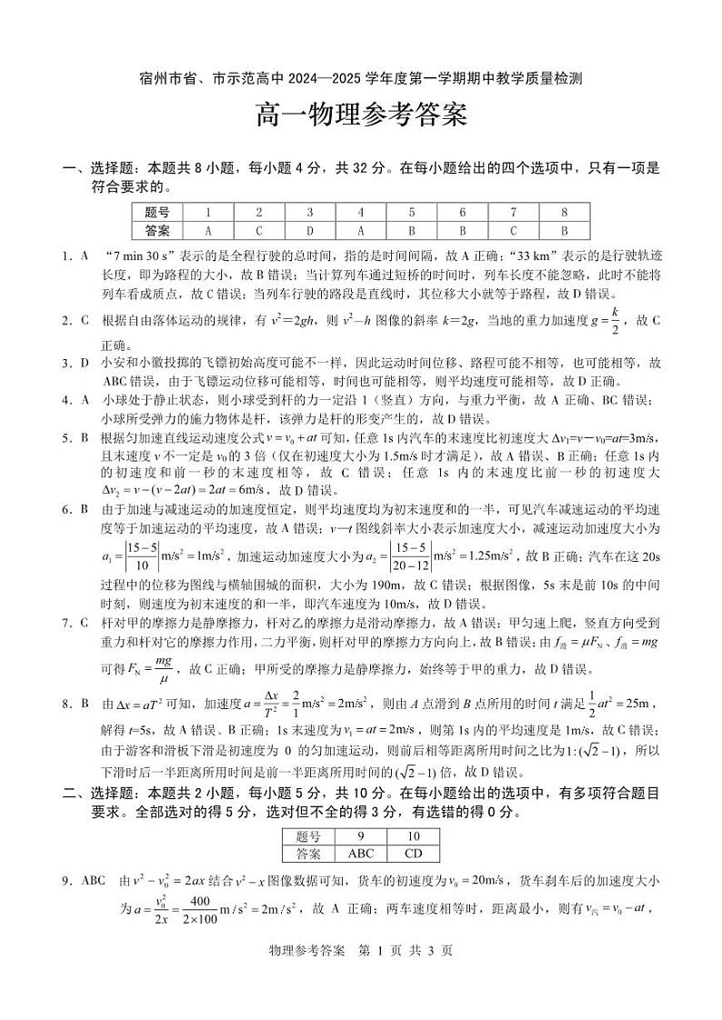 【高一物理（答案）】宿州市省、市示范高中2024—2025学年度第一学期期中教学质量检测高一物理答案第1页