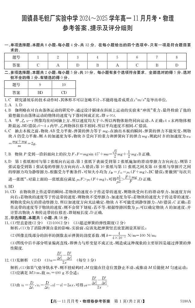 安徽省蚌埠市固镇县毛钽厂实验中学2024-2025学年高一上学期11月月考试物理试题答案第1页