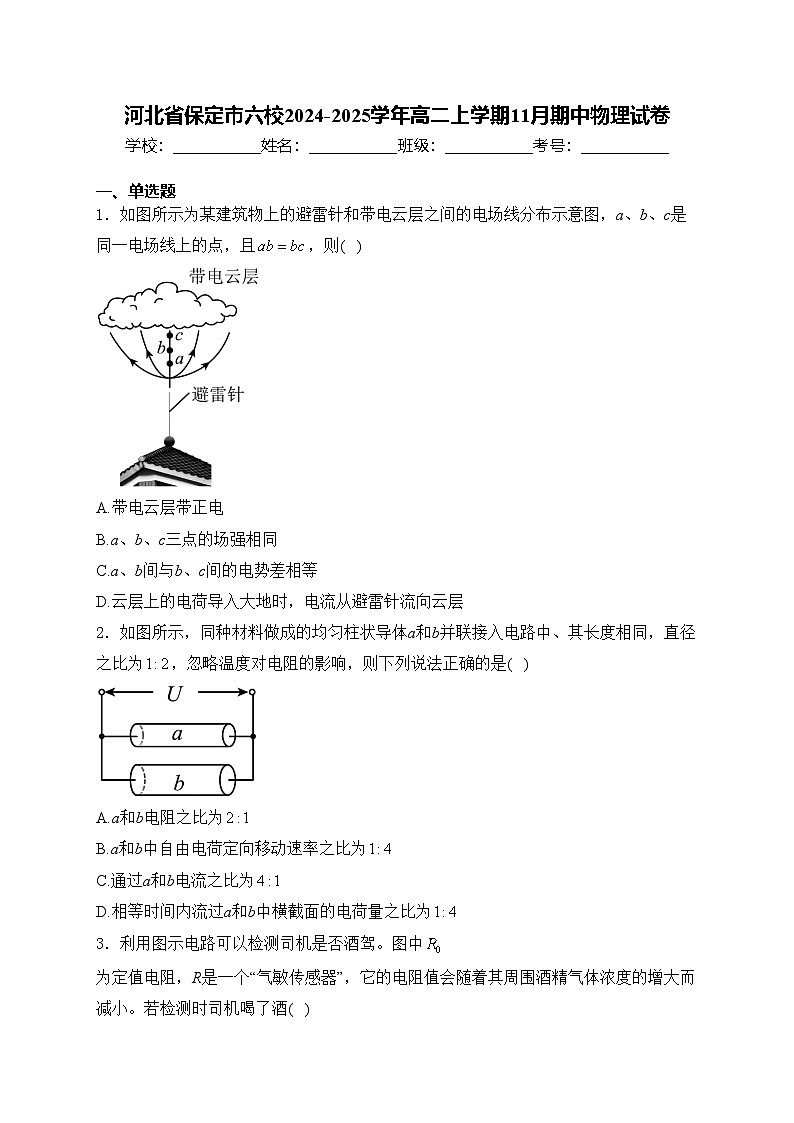 河北省保定市六校2024-2025学年高二上学期11月期中物理试卷(含答案)第1页