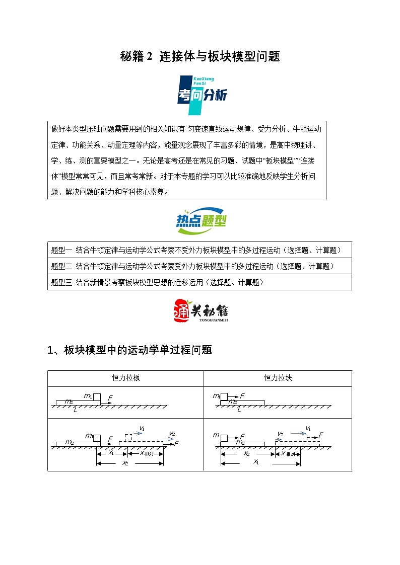 秘籍2 连接体与板块模型问题（解析版）第1页