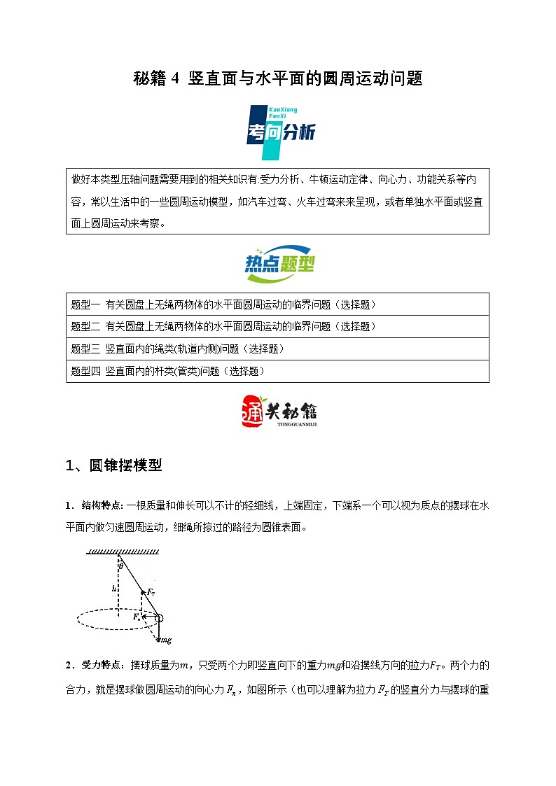秘籍4 竖直面与水平面的圆周运动问题（原卷版）第1页