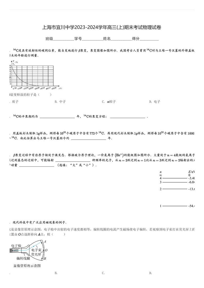 上海市宜川中学2023-2024学年高三(上)期末考试物理试卷(含解析)第1页