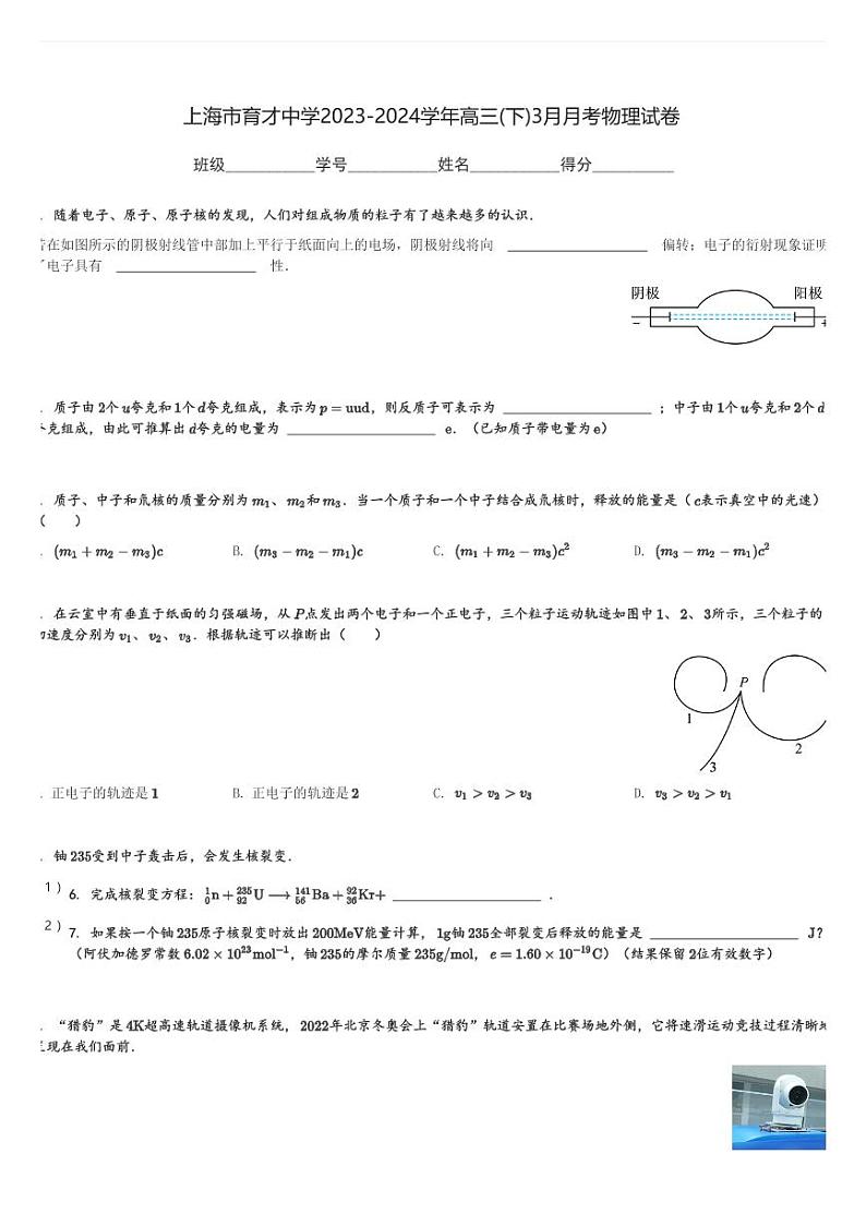 上海市育才中学2023-2024学年高三(下)3月月考物理试卷(含解析)第1页