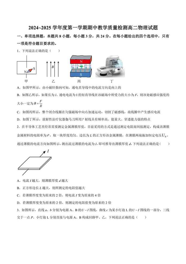 2024～2025学年山东省聊城市高二(上)期中物理试卷(含解析)第1页