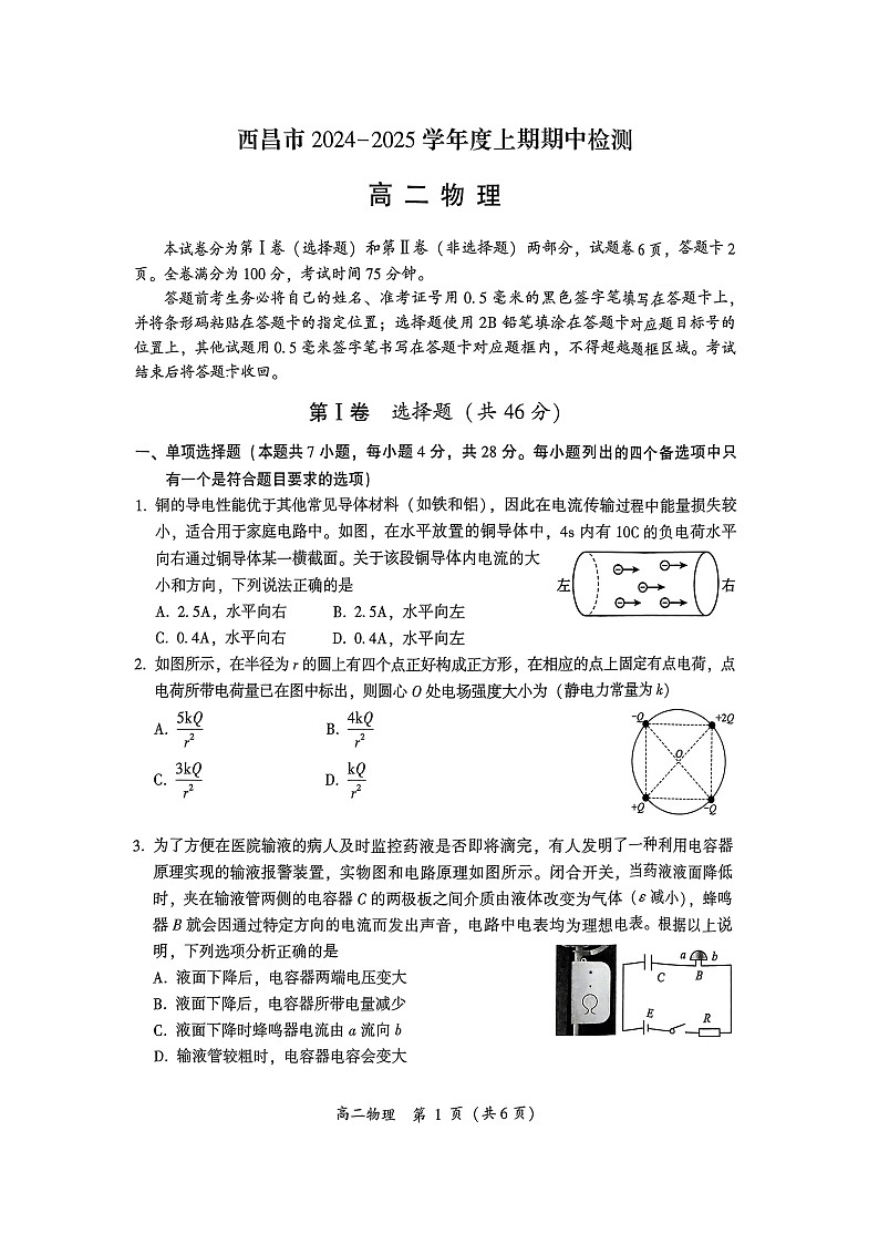 四川省凉山彝族自治州西昌市2024-2025学年高二上学期期中检测物理试题第1页