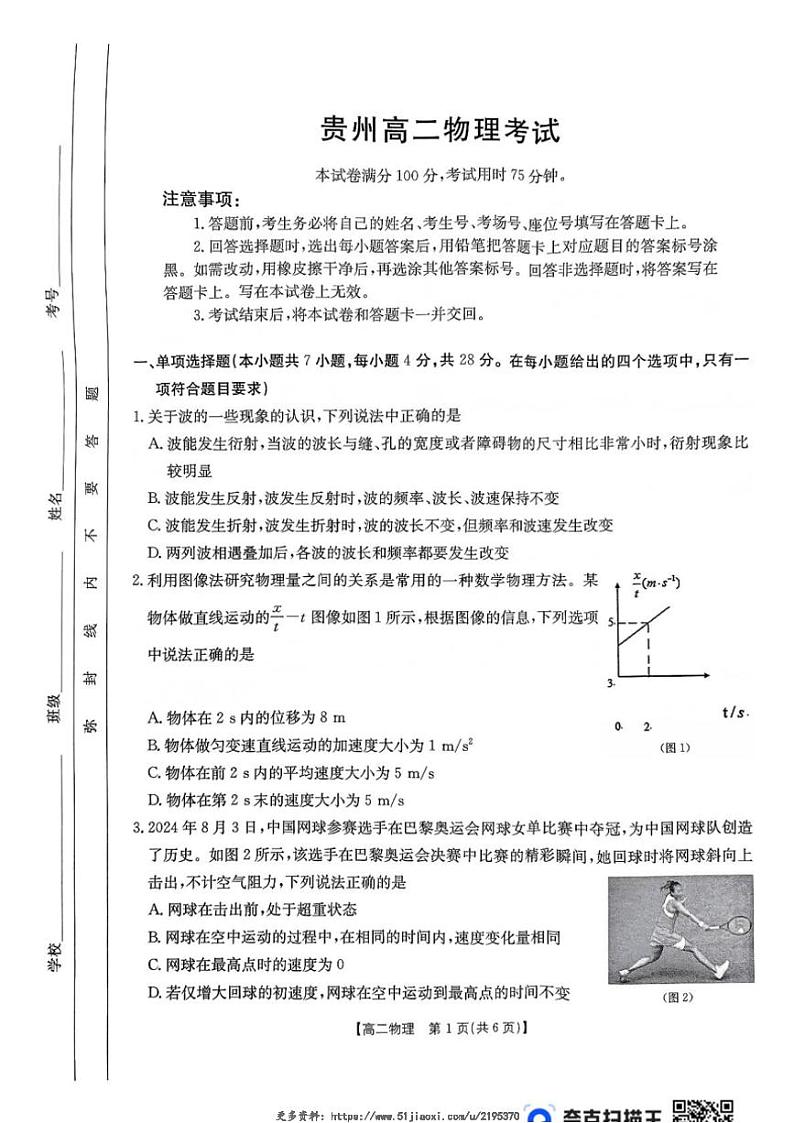 2024～2025学年贵州省部分学校高二(上)12月月考物理试卷(无答案)第1页