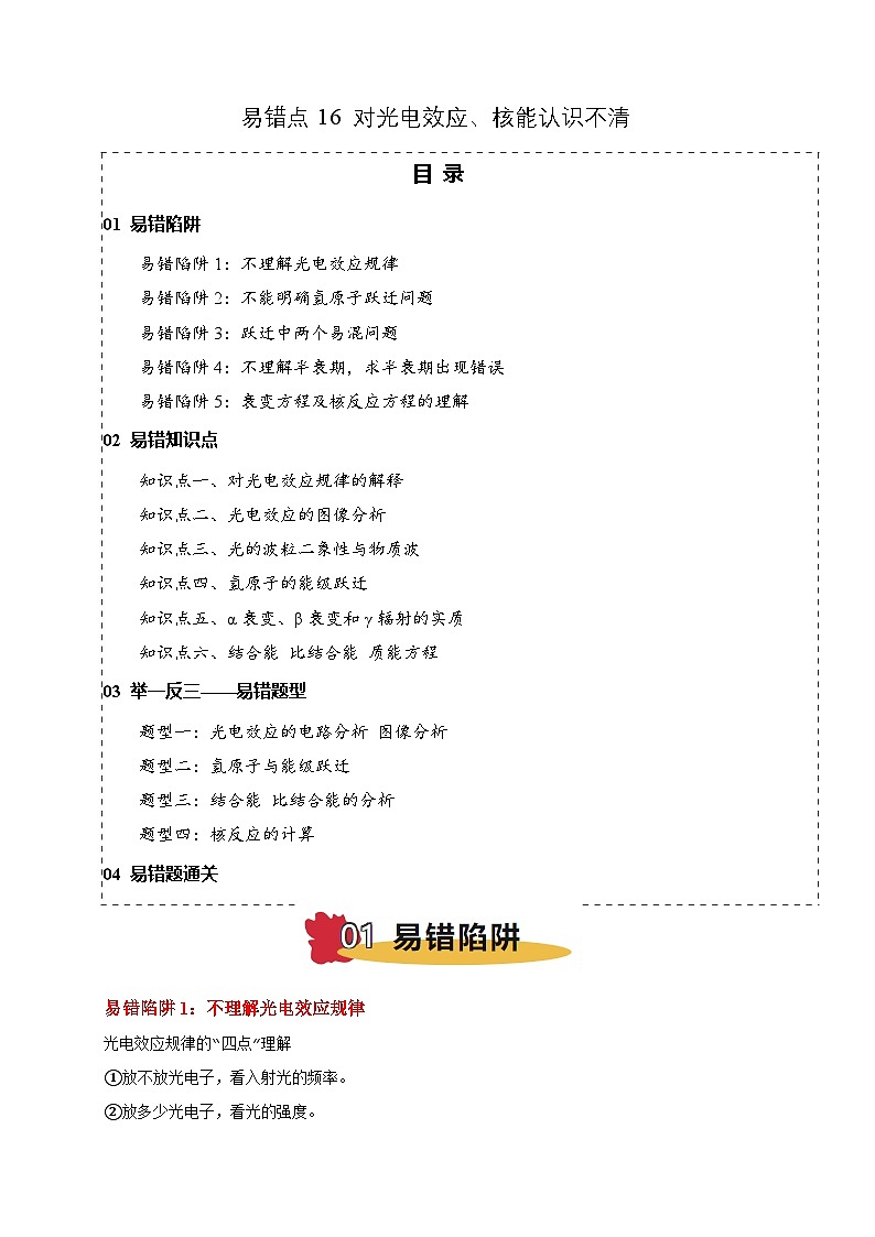 易错点16 对光电效应、核能认识不清 （5陷阱点4考点4题型）-备战2025年高考物理易错题专练（新高考通用）（原卷版）第1页