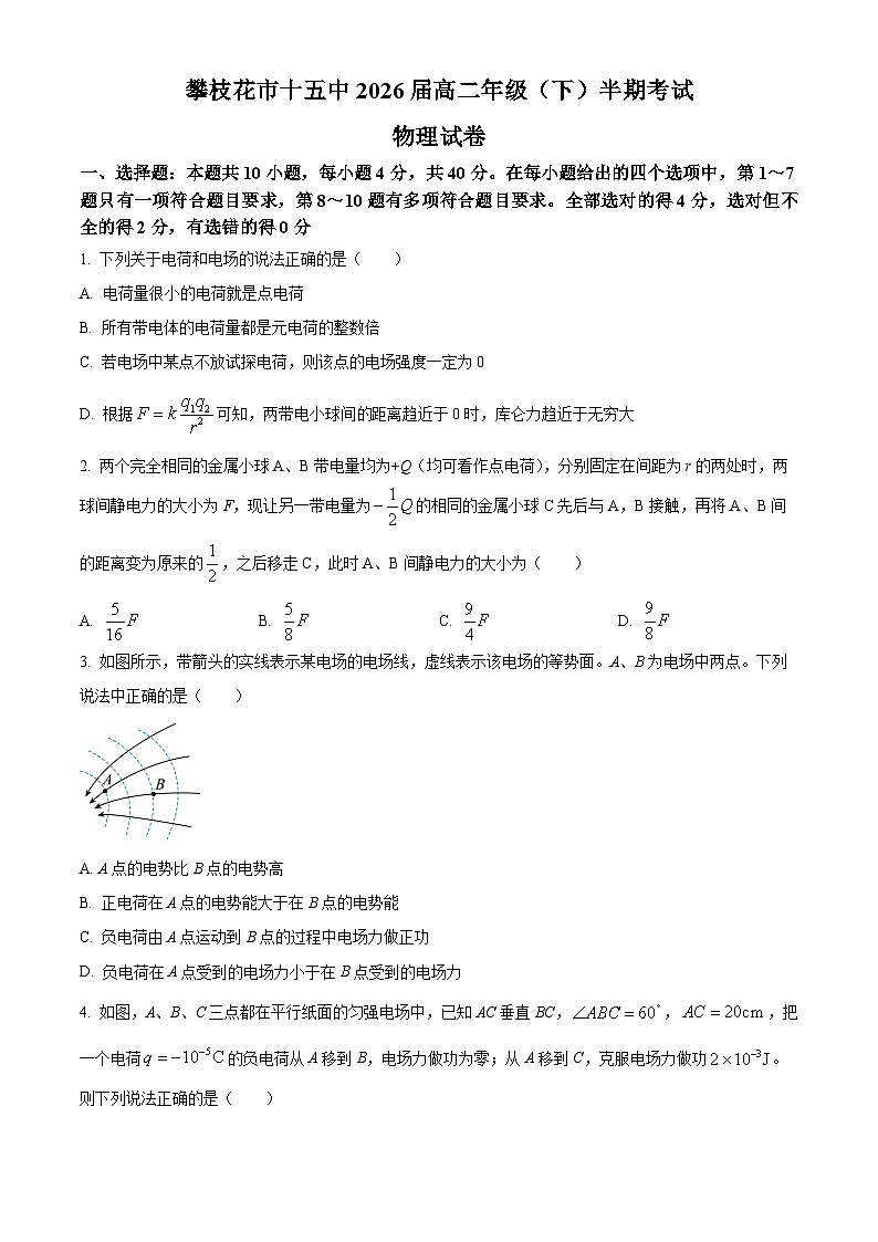 四川省攀枝花市第十五中学2024-2025学年高二上学期半期考试物理试卷 Word版无答案第1页