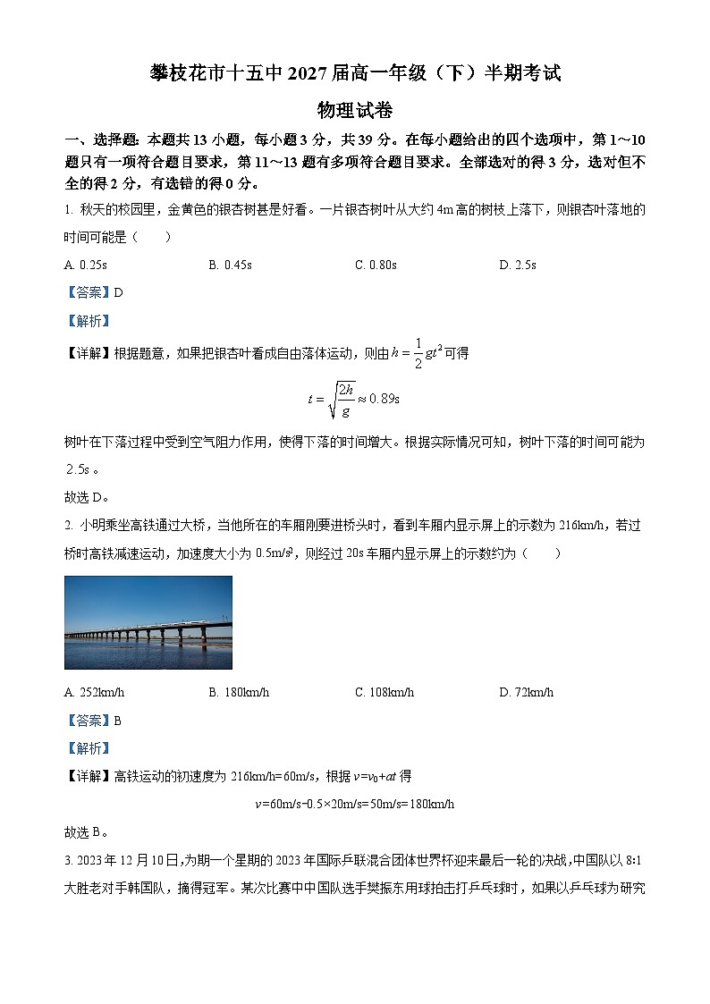 四川省攀枝花市第十五中学2024-2025学年高一上学期半期考试物理试卷 Word版含解析第1页