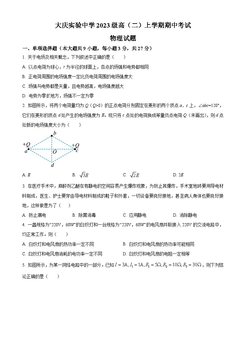 黑龙江省大庆市实验中学实验二部2024-2025学年高二上学期期中考试物理试卷 Word版无答案第1页