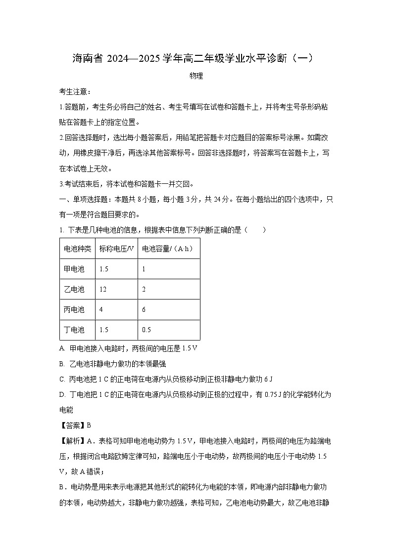 2024~2025学年海南省多校高二(上)期中考试物理试卷(解析版)第1页