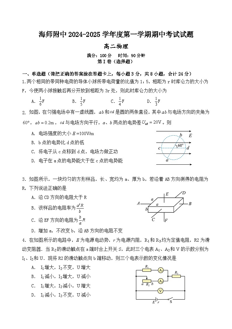 海南师范大学附属中学2024-2025学年高二上学期期中考试物理试题第1页