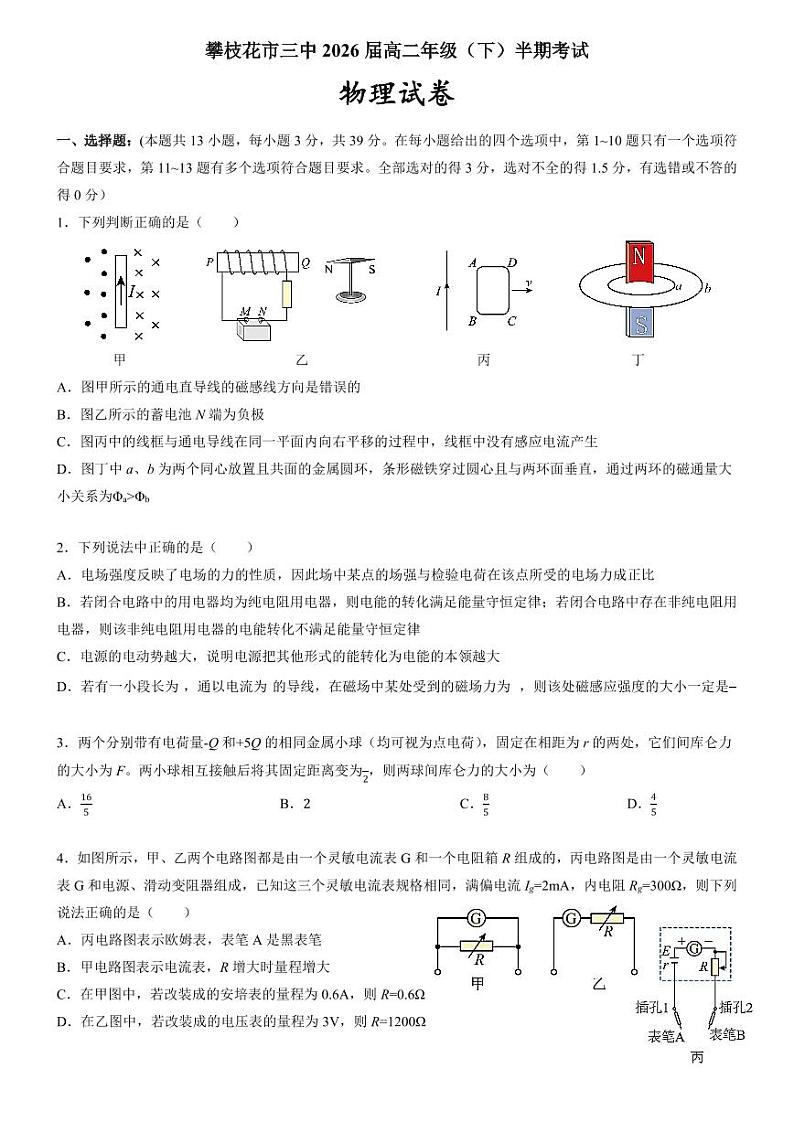 四川省攀枝花市第三高级中学2024-2025学年高二上学期期中考试物理试题第1页