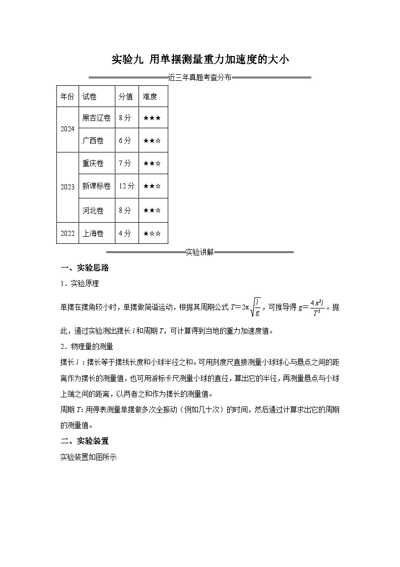 【高考物理】九大力学实验：实验9 用单摆测量重力加速度的大小（考点复习-练习）第1页