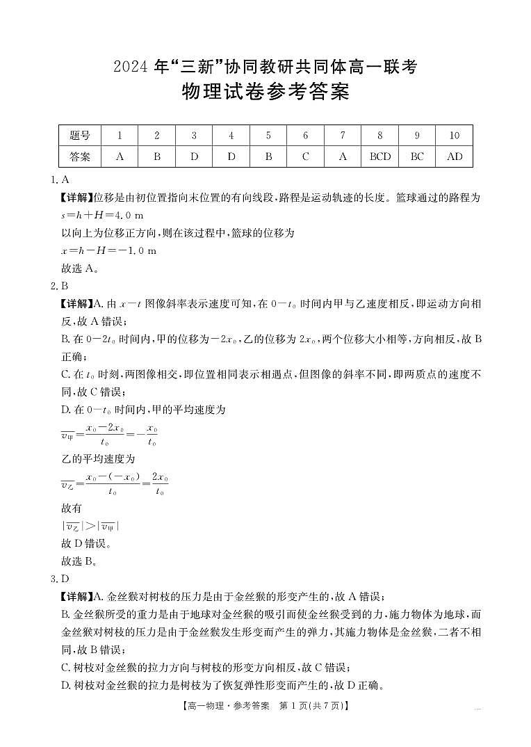 江西“三新”协同教研共同体2024年高一12月联考物理答案第1页