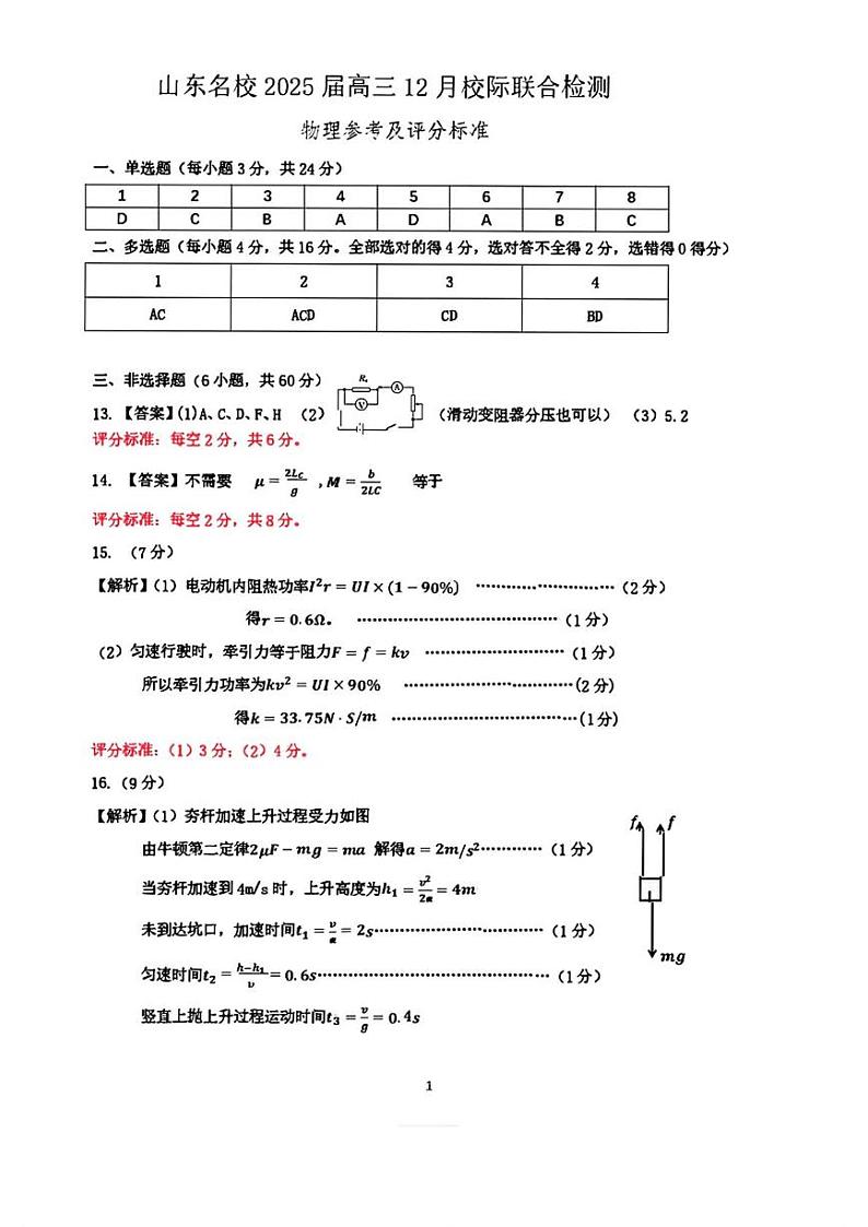 2025届山东名校高三12月校级联合检测物理答案第1页