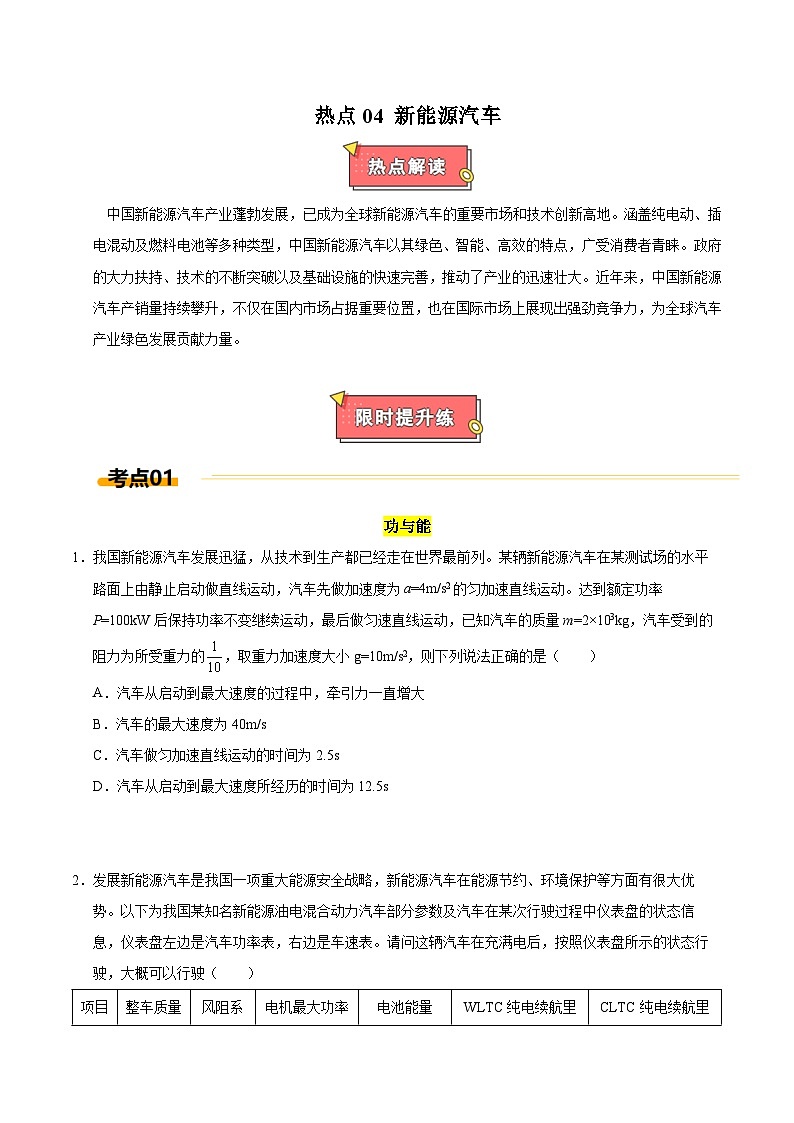 热点04 新能源汽车-2025年高考物理 热点 重点 难点 专练（上海专用）（原卷版）第1页