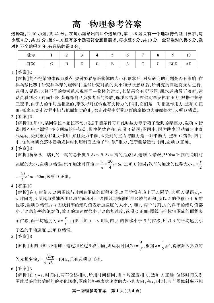 物理答案·2024年高一12月阶段考第1页