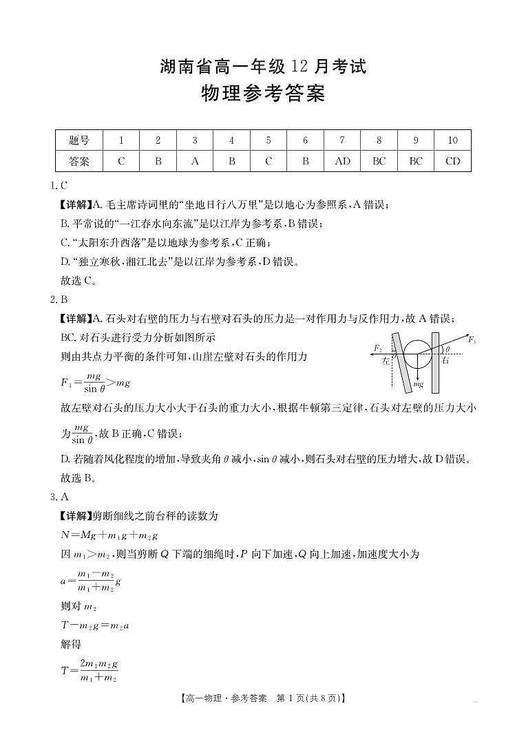 湖南省部分学校2024-2025学年度高一上学期12月份联考物理答案第1页