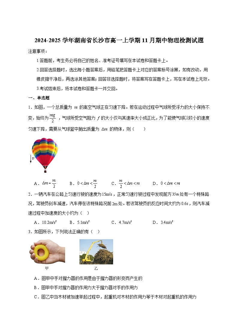 2024-2025学年湖南省长沙市高一上学期11月期中物理检测试题（含解析）第1页