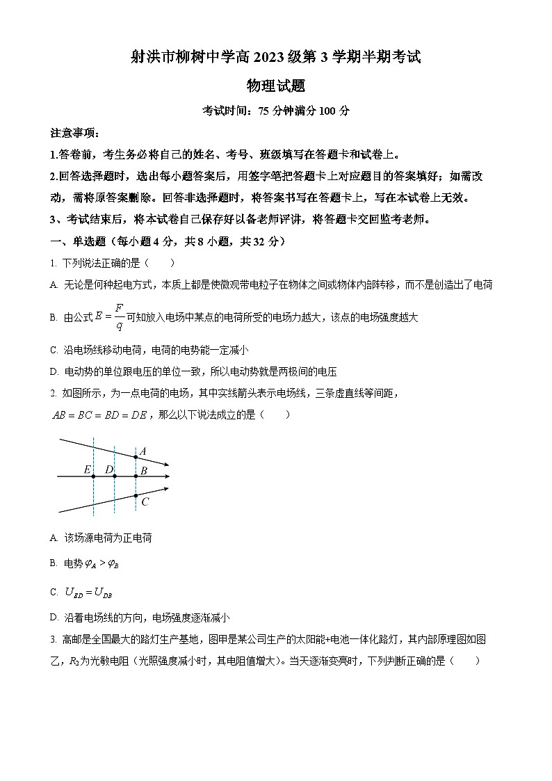 四川省射洪市柳树中学2024-2025学年高二上学期半期考考试物理试题 Word版无答案第1页