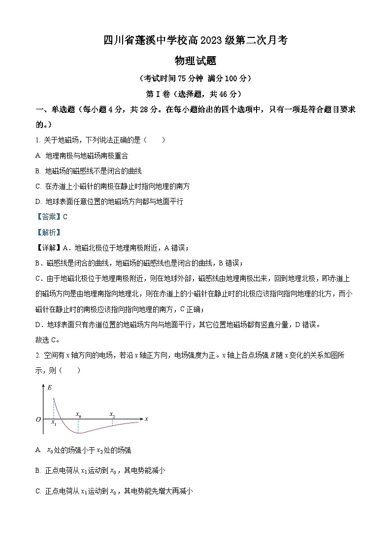 四川省遂宁市蓬溪中学2024-2025学年高二上学期第二次月考物理试卷 Word版含解析第1页