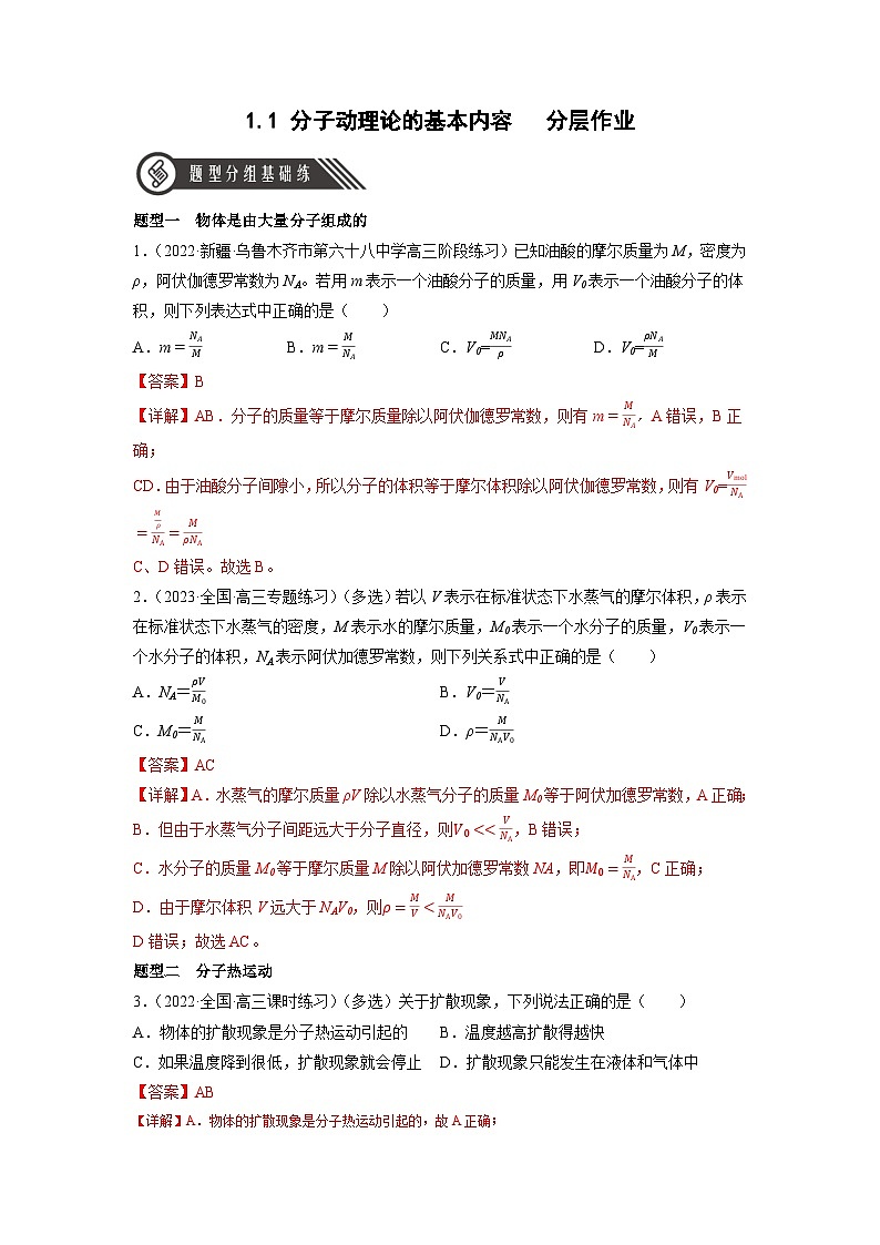 人教版（2019）高中物理选择性必修第三册1.1 分子动理论的基本内容 分层练习（解析卷）第1页