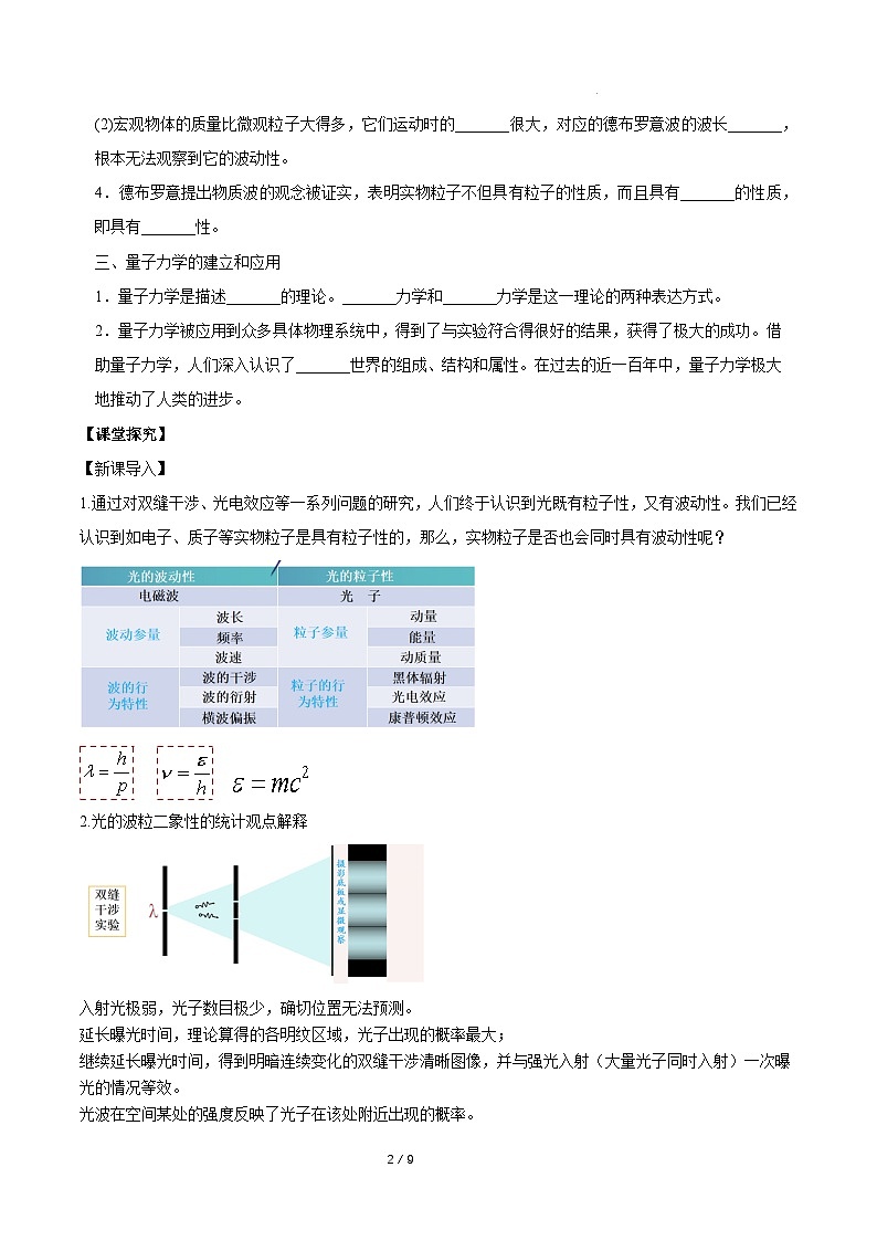人教版（2019）高中物理选择性必修第三册4.5 粒子的波动性和量子力学的建立 导学案（原卷）第2页