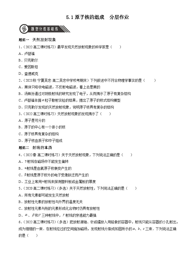人教版（2019）高中物理选择性必修第三册5.1 原子核的组成 分层练习（原卷）第1页
