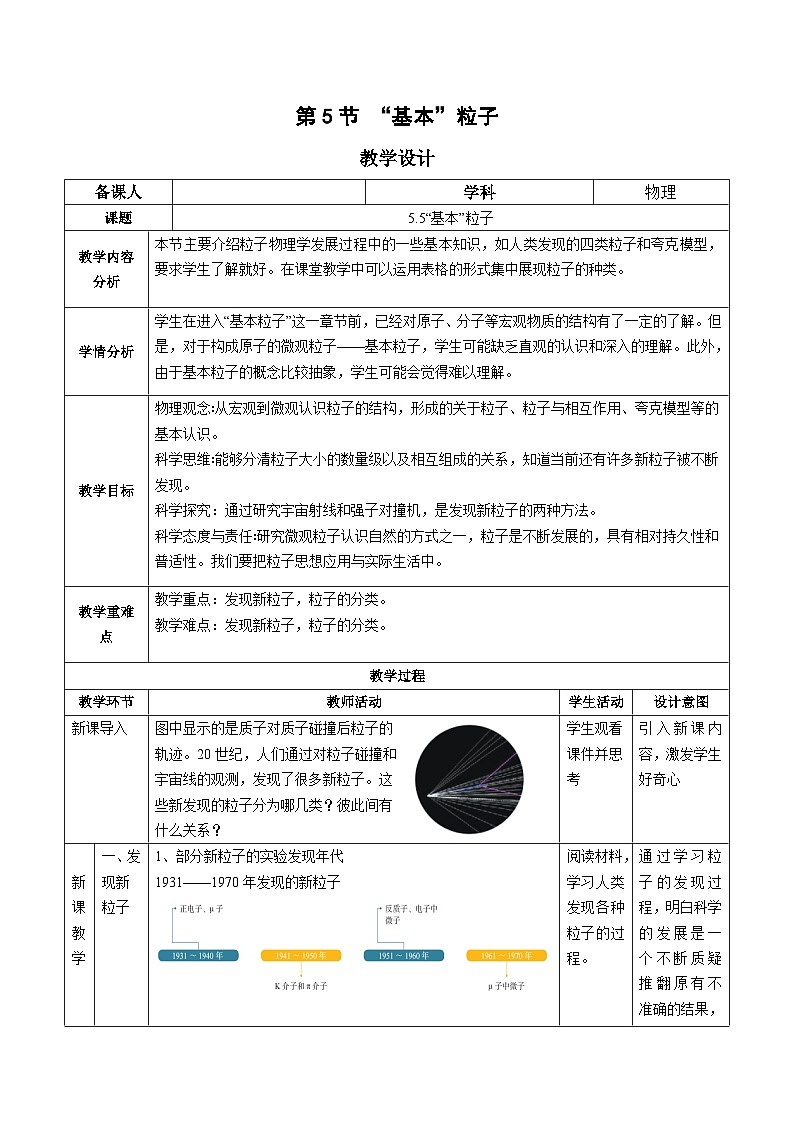 人教版（2019）高中物理选择性必修第三册5.5 “基本”粒子 教案第1页