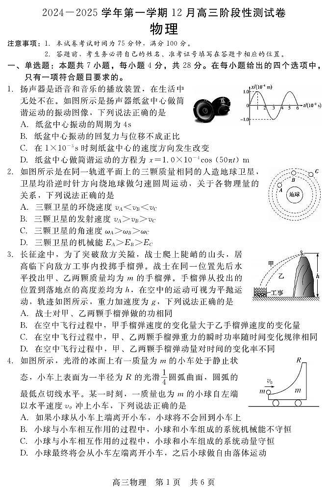 物理丨河北省新时代NT教育2025届高三12月阶段测试物理试卷及答案第1页