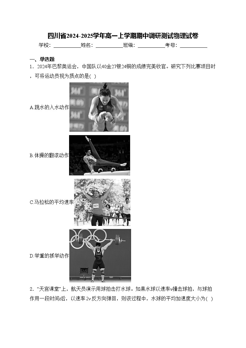 四川省2024-2025学年高一上学期期中调研测试物理试卷(含答案)第1页