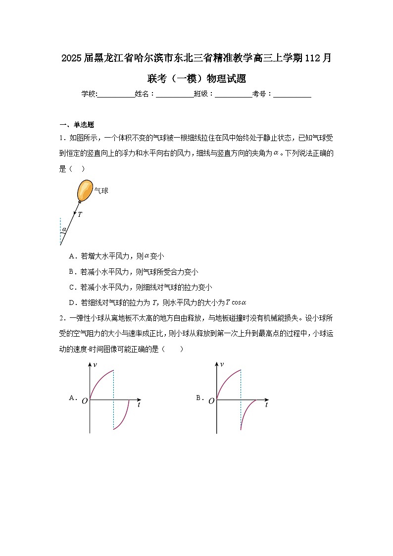 2025届黑龙江省哈尔滨市东北三省精准教学高三上学期112月联考（一模）物理试题第1页