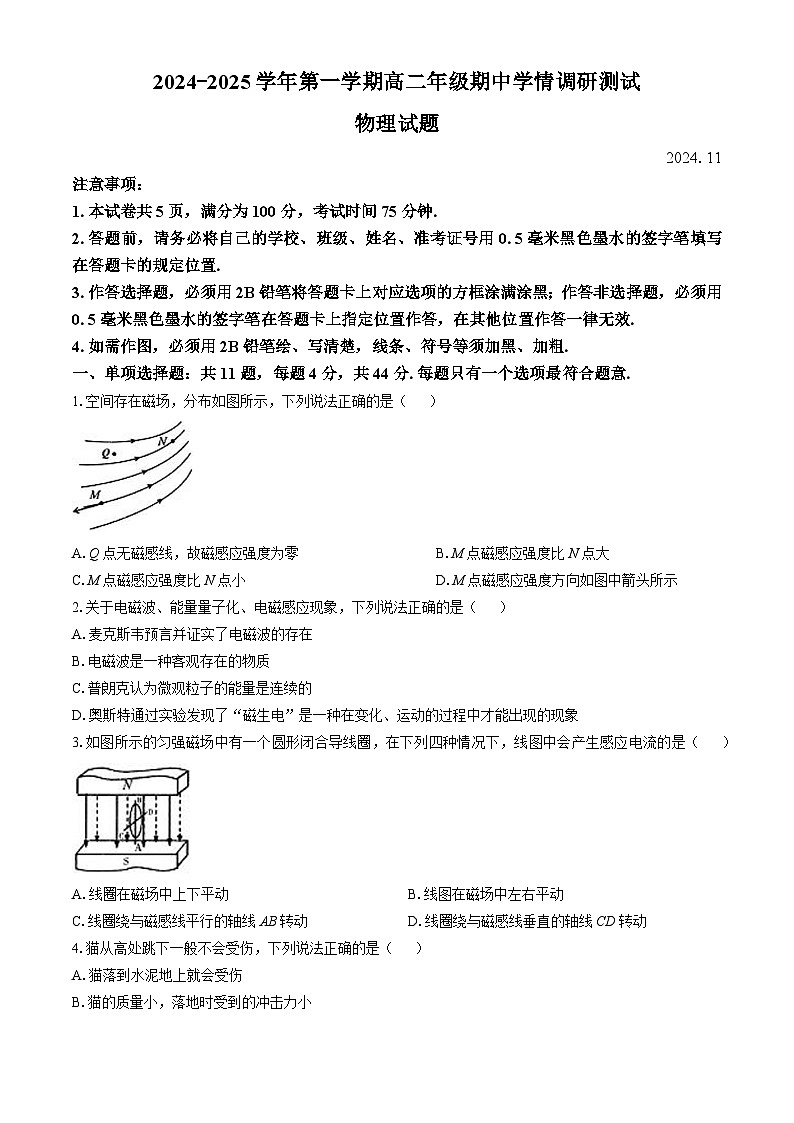 江苏省扬州市高邮市2024-2025学年高二上学期11月期中考试物理试卷（Word版附答案）第1页
