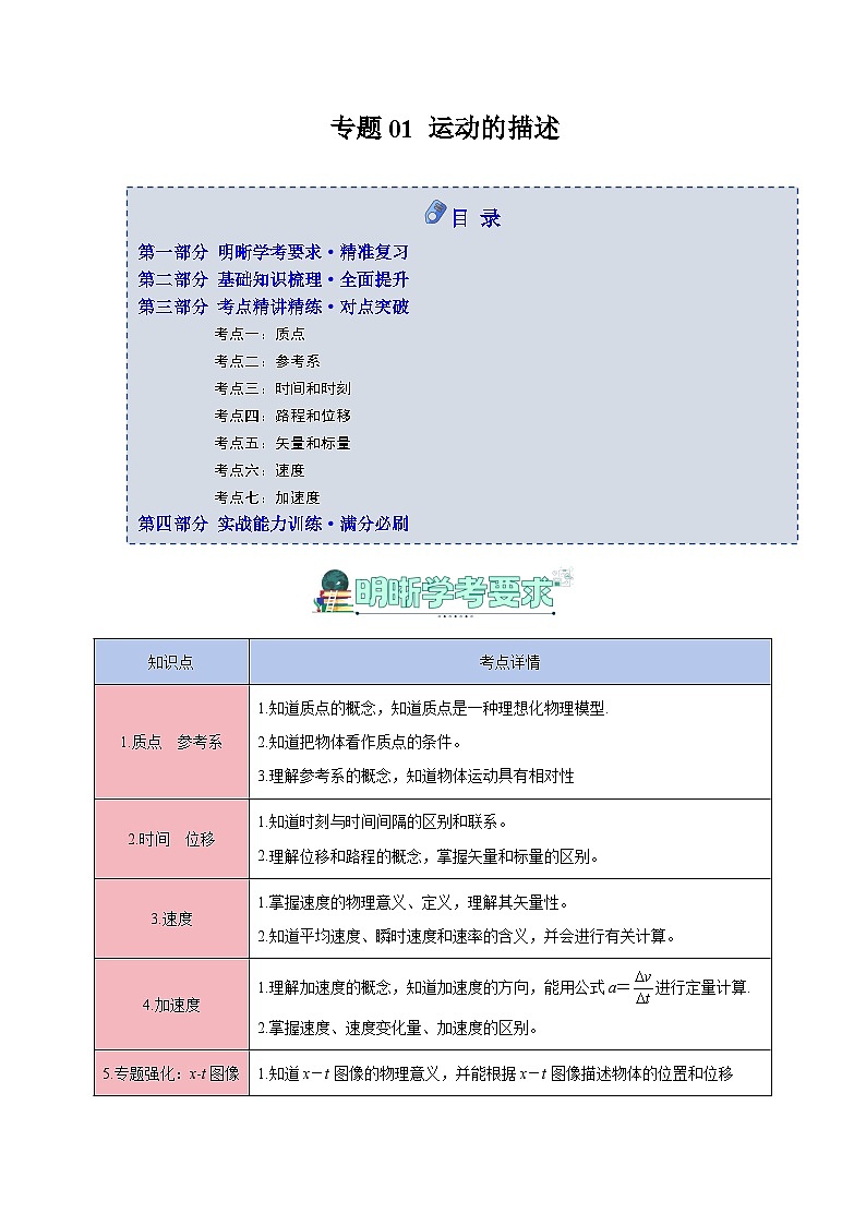 专题01 运动的描述（知识梳理+6大考点精讲精练+实战训练）（原卷版）第1页