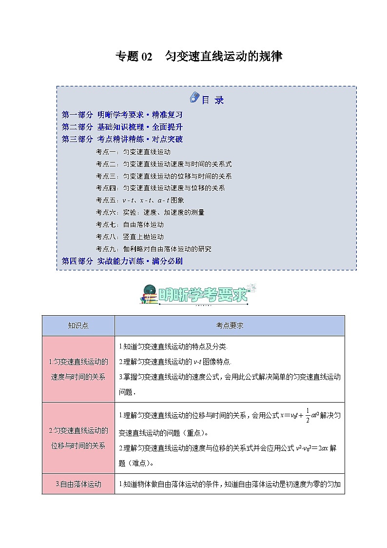 专题02 匀变速直线运动的规律（知识梳理+6大考点精讲精练+实战训练）（解析版）第1页