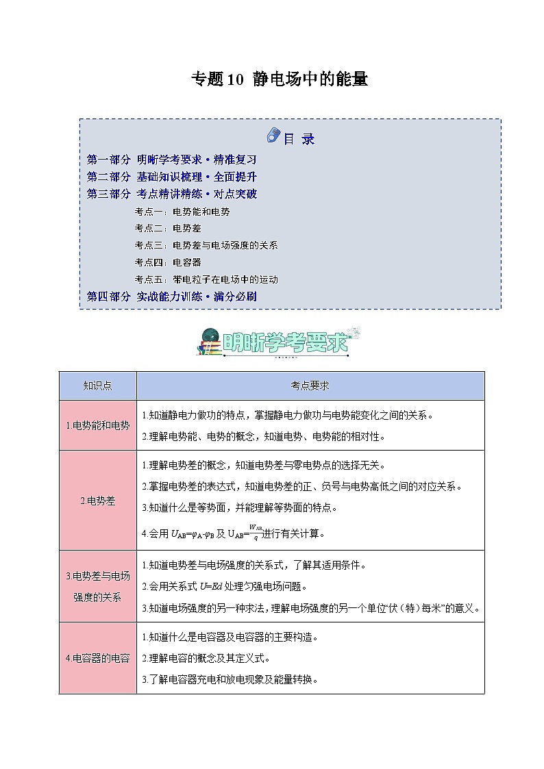专题10 静电场中的能量（知识梳理+5大考点精讲精练+实战训练）（解析版）第1页